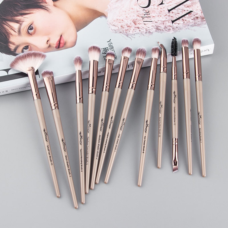 Anmor Pro Makeup Brushes Set 12 pcs/lot Eye Shadow Blending Eyeliner Eyelash Eyebrow Brushes For Make up Portable Eye Brush Set