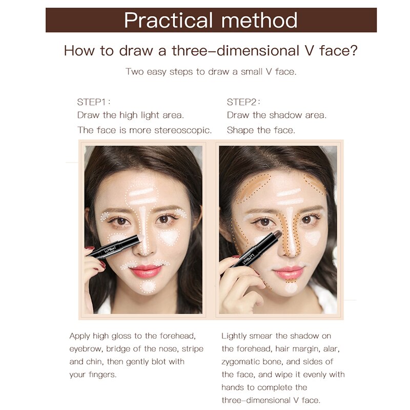 LAMILEE Double Head 3D Bronzer Highlighter Stick Face Makeup Concealer Pen Foundation Stick Cream Texture Contour Pencil